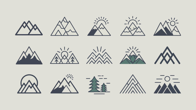 A collection of minimalistic mountain and nature icons are displayed in dark blue and green tones against a pale beige backdrop high quality professional detailed modern
