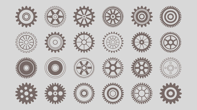 An arrangement of various cogwheels and gears is displayed showcasing different sizes colors and levels of detail in a grid pattern high quality professional detailed modern