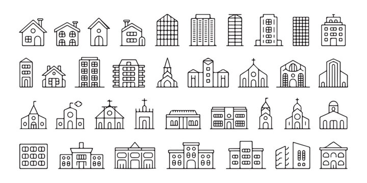 Public building and house line icons including school church library and residential dwellings for city maps