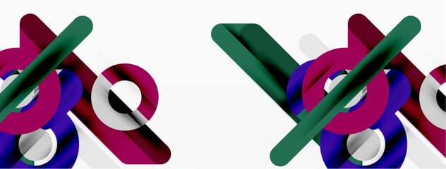 Fototapeta premium Abstract geometric shapes overlap, creating dynamic visual pattern. Colors include purple, green, white, magenta. Modern design elements present.