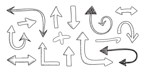 Selection of sketched arrows in various styles, including shaded, simple, and curved directional pointers