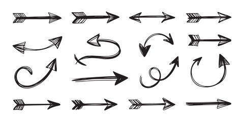 Set of hand drawn arrow doodles with vintage feathered tails and rustic tribal design elements for decoration