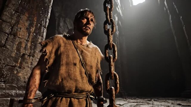Tormented prisoner in tattered clothing, chained up in a dark, ancient, stone dungeon, looking upward towards light.