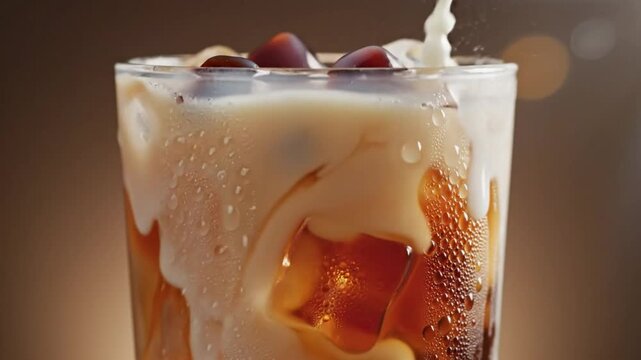 Creamy milk being poured into iced bubble tea with dark boba pearls, ice cubes, and condensation