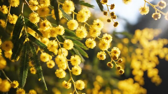 風に揺れるミモザの花と春の光の背景素材イメージ動画
