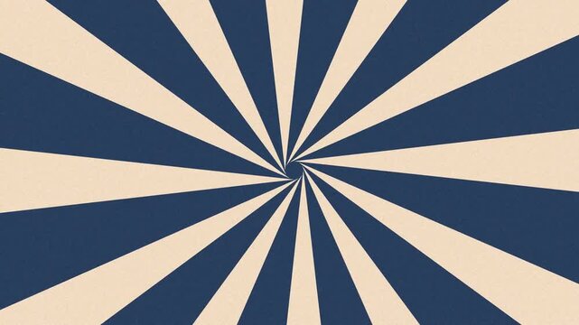 Vintage blue and beige sunburst with rays radiating from center, retro travel poster style striped background with film grain