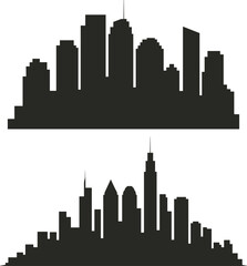 Fototapeta premium Urban city skyline silhouette set with modern skyscrapers, black downtown building outlines collection isolated on white background for architecture, real estate and business design.