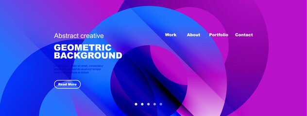 Abstract design features vibrant blue, purple gradients. Text highlights geometric background, navigation options present. Modern, clean aesthetic. © antishock