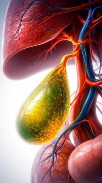 Gallbladder bile duct medical anatomy organ detail inflamed tissue vessel network digestive system structure human health disease liver bile flow educational illustration healthcare concept