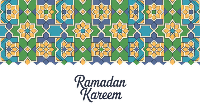 An ornate islamic geometric pattern in shades of teal green and gold adorns the top portion of the image with ramadan kareem text below high quality