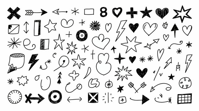 A collection of hand drawn doodle elements including arrows hearts stars and various abstract shapes arranged in a chaotic playful composition high quality professional detailed modern
