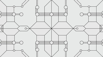 An intricate symmetrical pattern of interconnected lines and circles creates a seamless geometric and minimalist design on a light grey background high quality professional detailed modern