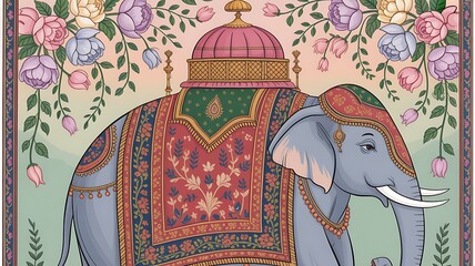 Indian mughal miniature painting depicting a maharaja procession with elephants and attendants
