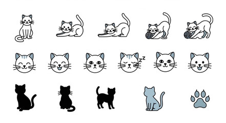 Collection of cute cat illustrations and icons in various poses and expressions.