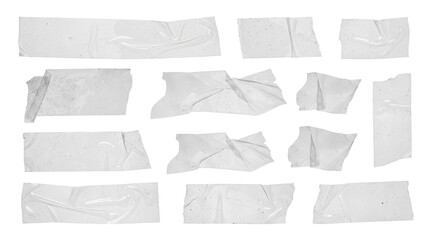 scattered pieces of transparent adhesive tape with visible wrinkles and air bubbles, a collection...