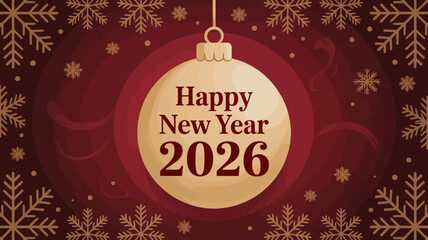 Fototapeta premium A vibrant red christmas ornament displays a happy new year 2026 message set against a patterned background of snowflakes high quality professional detailed modern elegant stylish