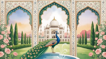 Mughal Pichwai garden illustration with lotus, flowers, and peacock for wedding invitation design Stock Illustration