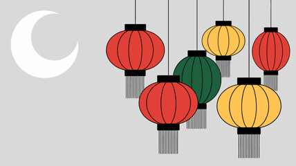 A minimalist illustration features colorful round lanterns hanging from above accompanied by a large simple crescent moon shape high quality professional detailed modern elegant stylish clean