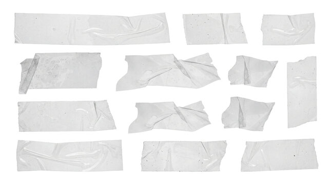 scattered pieces of transparent adhesive tape with visible wrinkles and air bubbles, a collection of rough and torn tape strips on black.