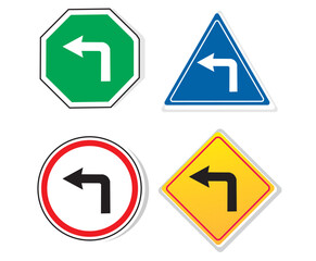 Set of only Turn left traffic road sign with black and white arrow on green, blue, white and yellow traffic sign board. Traffic road sign symbol