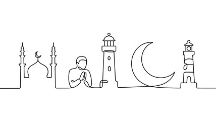 Obraz premium A continuous line drawing depicts islamic architectural elements including a crescent moon minarets and a stylized arabesque design high quality professional detailed modern elegant stylish clean