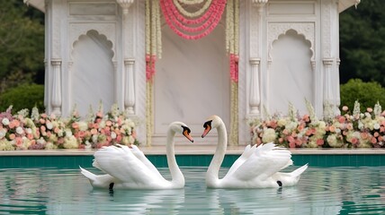 An elegant vector illustration of an Indian archway decorated with flowers, with two swans in a pool, perfect as a wedding invitation template.
