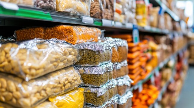 Well-stocked shelves filled with various nutritious food items, packaged and ready for sale in a bustling supermarket aisle, showcasing a wide selection for consumers.