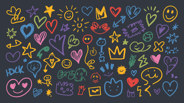 A vibrant collection of colorful hand drawn doodle illustrations featuring hearts stars smiley faces and various whimsical shapes high quality professional detailed modern elegant stylish clean