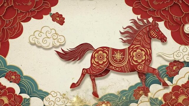 Vibrant illustration of a majestic red horse in traditional paper-cut style, galloping amidst auspicious clouds and blooming flowers, symbolizing prosperity and cultural joy