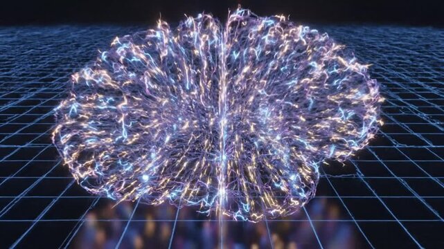 A futuristic neon-lit spherical structure explodes on a grid surface at night from a high viewpoint