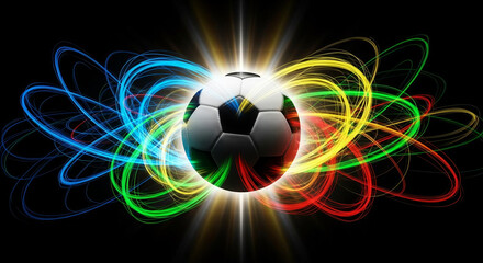 Naklejka premium Vibrant soccer ball with dynamic light trails and radiant energy beams