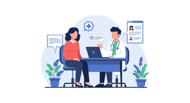 Doctor and Patient Consultation. Healthcare Check-up, Medical Advice, and Digital Health Records. Flat Illustration.