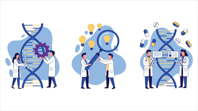 Genetic laboratory and artificial DNA concept vector illustration. Male and female scientists with DNA helix, lab equipment, and light bulb idea. Ideal for medicine and biotech banners