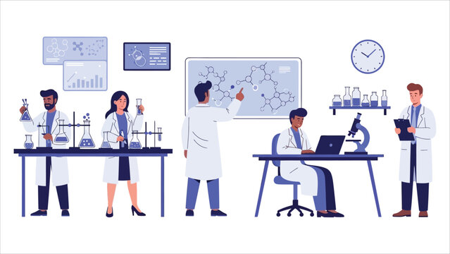 Genetic Science Laboratory Concept Illustration &ndash; Multiethnic Scientists with DNA, Microscope, and Laptop in Modern Lab