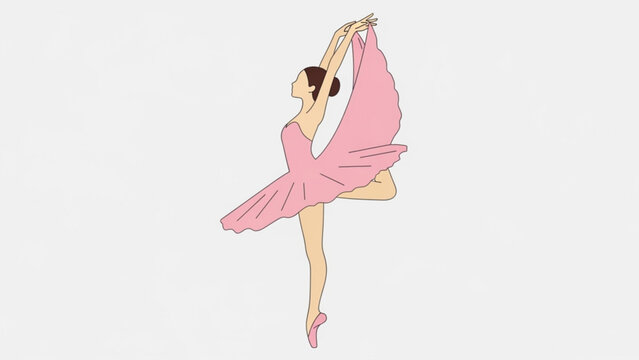 A glamour style vector illustration of a beautiful lady ballerina with a pink dress and smile dancing in a studio