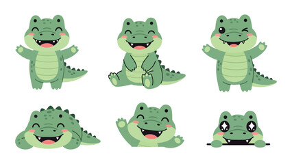Set of Six Cute Crocodile Cartoon Icons, Adorable Baby Alligator Characters with Different Poses and Happy Expressions, Kawaii Style Flat Vector Illustration Isolated on White Background