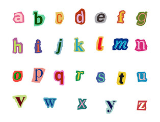 Anonymous font, color lowercase letters on cutout paper backgrounds. Magazine cutout collage vector alphabet © mayrum
