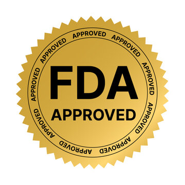FDA approved gold round label with shiny realistic badge design, serrated edge sticker with stars for product packaging, branding, marketing, food and supplement labeling, and quality assurance