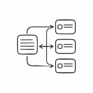 A hand-drawn icon illustrating data flow and processing between a central document and multiple output cards.