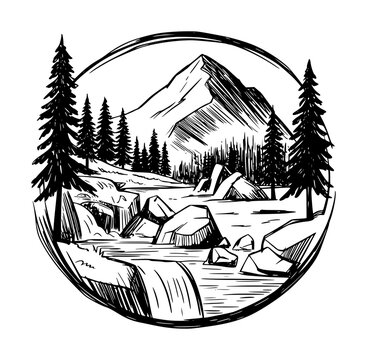 Hand drawn black and white mountain landscape with waterfall and pine trees in circle