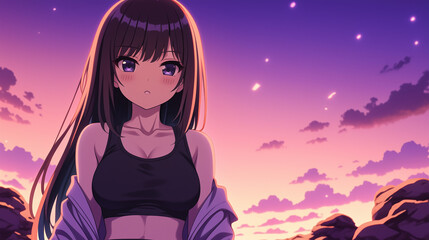 Captivating Anime Portrait of a Girl Against a Stunning Sunset: A Fusion of Emotion and Nature in a Dreamy Landscape