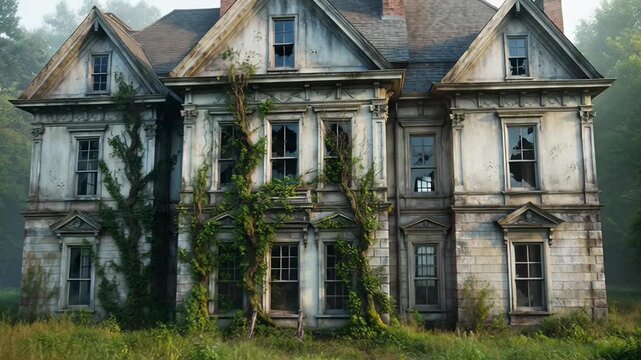 Abandoned mansion with ivy-covered facade in overgrown garden