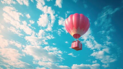 Fototapeta premium A Box flying on a parachute with pink cloud,vector illustration of package flying down from sky and cloud with parachute, concept for delivery service,shopping online,air delivery service.