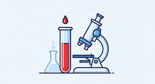 Lab equipment with test tube microscope and beaker on a table for science and research purposes in a laboratory setting with medical and chemical analysis tools
