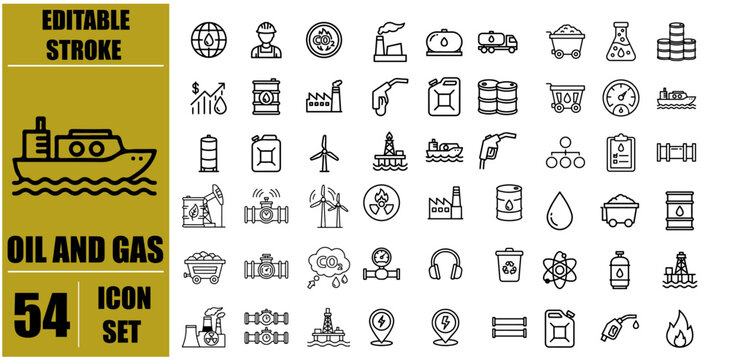 Oil and Gas Icons Set &ndash; Oil Rig, Fuel Pump, Gas Tank, Refinery, Barrel, Pipeline and Energy Production Line Icons Collection, Editable Stroke Outline Symbols for Industrial Infographics, Petroleum Ind