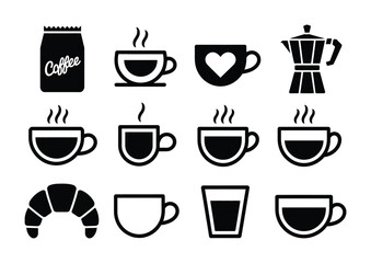 Obraz premium Collection of Coffee Cups, Moka Pot, Croissant, and Coffee Bag