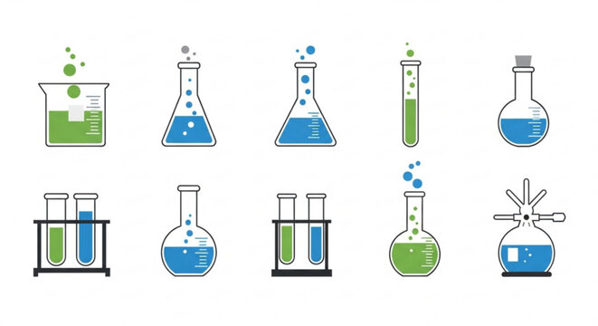 Collection of laboratory equipment icons featuring beakers and flasks in various shapes and sizes with blue and green liquids