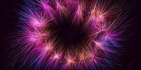 Obraz premium A colorful firework explosion shines with bright purple light and fractal star designs against a dark black night sky during a festive New Year holiday celebration