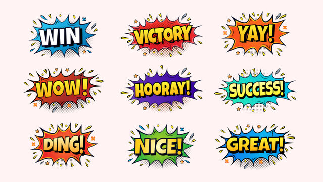 Sounds Set of Comic Book Speech Bubbles Success / Win with Victory, Success, and Win Text in Pop Art Style	