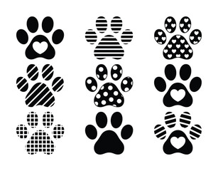 Fototapeta premium Collection of Nine Black and White Paw Print with Patterns